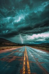 Poster - A road with a lightning bolt in the blue sky