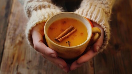 Wall Mural - A person holds a cup of hot drink, perfect for cozy moments