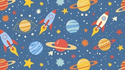 Wall Mural - Colorful space seamless pattern with planets and rockets.