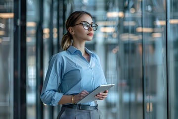 pretty woman in modern office thinking with Pad and glasses.