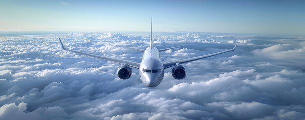 Commercial airplane jetliner flying above the  clouds in beautiful sunny day. Travel concept.