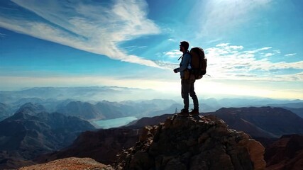 Canvas Print - A backpacker triumphs on a mountain top with blue sky,generative ai	
