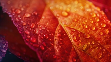 A detailed view of a leaf with water droplets glistening in the light, great for use in nature or scientific illustrations