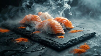 Poster - Fresh salmon sushi with smoke effect. Artistic food presentation on dark background. Highlighting modern culinary art. 