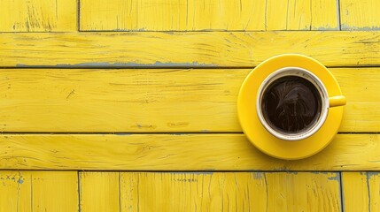 Poster - Bird s eye view of coffee cup on yellow wooden surface with space for text