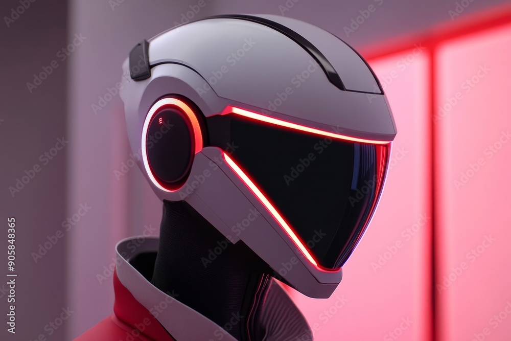 Robotic head with a futuristic helmet and neon accents symbolizing the ...