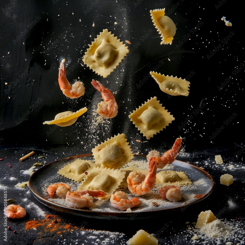 Perfect Pasta Textures For Seafood Presentation Reference: Dynamic Image Of Shrimp And Ravioli Pasta In Mid Air