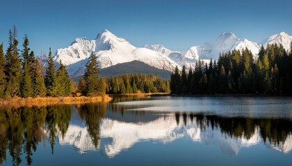 Wall Mural - reflection of forest and snow capped mountains in lake