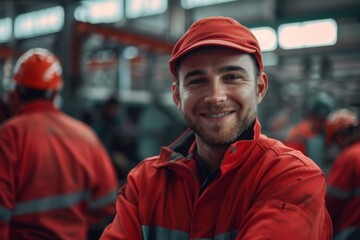 Wall Mural - Portrait of a smiling male factory worker in a group of coworkers