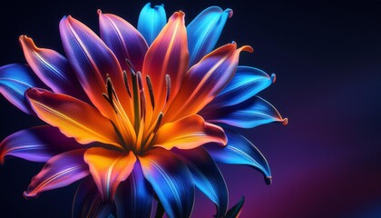 Wall Mural - vibrant digital art of a multicolored lily flower against a dark background vivid blue orange and purple colors ideal for nature generative ai