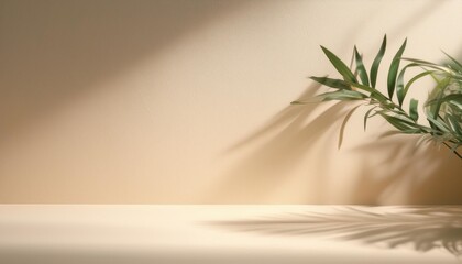 Wall Mural - minimalistic abstract gentle light beige background for product presentation with light andand intricate shadow from the window and vegetation on wall