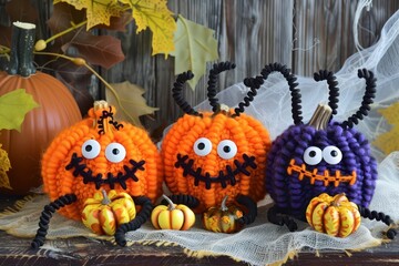 Colorful Halloween Pumpkins Decorated With Craft Materials on Display