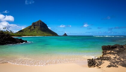 Wall Mural - hidden beach with view of the mokes aka na mokulua with turquoise waters on a clear sunny day at lanikai beach on the windward side of oahu hawaii