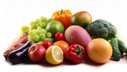 different fruits and vegetables varieties in a heap theme health and healthy food and nutrition