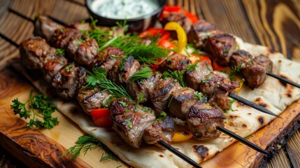 Sticker - Delicious kebab skewers with vegetables on wooden platter. Perfect for illustrating traditional cooking or BBQ recipes. A rustic wooden table setting. Culinary art in vibrant detail. AI