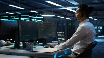 Poster - data center computer scientist wearing mic headset, doing installation of networking equipment. serv