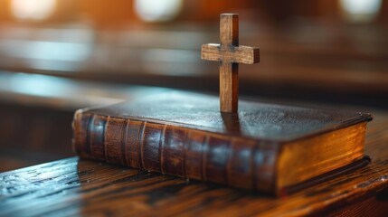 A wooden cross is on top of a book.