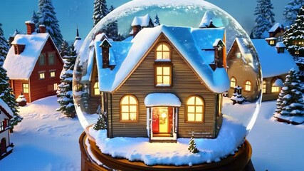 Aufkleber - A charming cottage adorned with warm lights sits amidst snow-covered trees, creating a cozy atmosphere during the evening twilight.