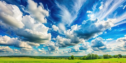 Dynamic wide angle landscape of summer cloudy sky, dramatic, panoramic, scenic, vibrant, atmospheric, natural