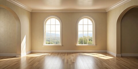 Wall Mural - Empty room with window framed by an arch on beige background, with walls, floor, and ceiling, empty, room, window, arch, beige