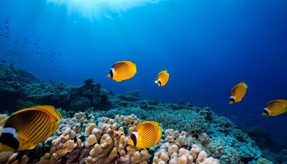 beautiful coral reef and butterflyfish photography in deep sea in scuba dive explore travel activity underwater with blue background landscape in andaman sea thailand