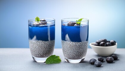 two transparent glasses of healthy chia pudding wih blue butterfly pea tea and berries