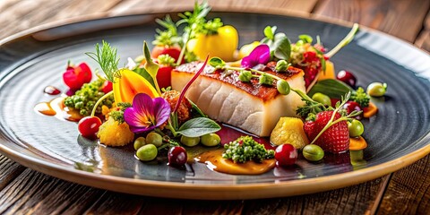 Poster - Beautifully plated gourmet dish with vibrant colors and intricate garnishes, gourmet, dish, fine dining, culinary, artful