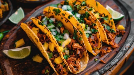 Wall Mural - Delicious Tacos with Pineapple and Cilantro on a Wooden Board.