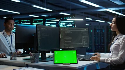 Poster - data center developer responsible for installation of networking equipment solving tasks on green sc