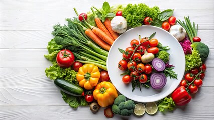 Sticker - Fresh vegetables arranged on a white plate , vegetables, healthy, organic, food, vegan, nutrition, colorful, farm fresh