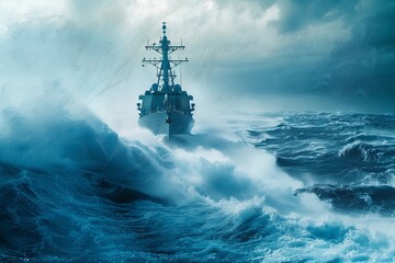 Modern navy destroyer patrolling rough seas  military defense and security concept