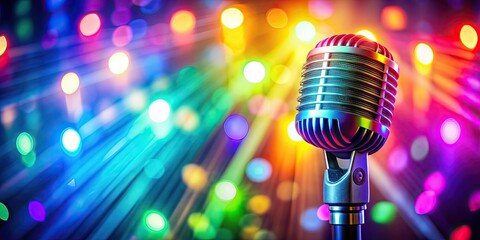 Colourful microphone in a studio setting glowing with colorful lights and lens flare