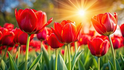 Wall Mural - Red tulips glowing in the sun, red, tulips, flowers, vibrant, sunlight, nature, spring, garden, blooming, colorful, bright