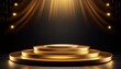 © Yamil - Gold black podium background 3D golden product line stage dark platform wave display. Design podium black luxury gold light scene pedestal presentation showcase event beauty shine object cosmetic sale