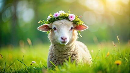 Wall Mural - Cute little sheep with a wreath of flowers on a green field , sheep, wreath, flowers, green, field, farm, pet, domestic, animal