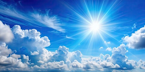 Wall Mural - Blue sky with fluffy white clouds and bright sun shining down, sky, blue, clouds, sun, sunny, weather, nature, atmospheric, fluffy