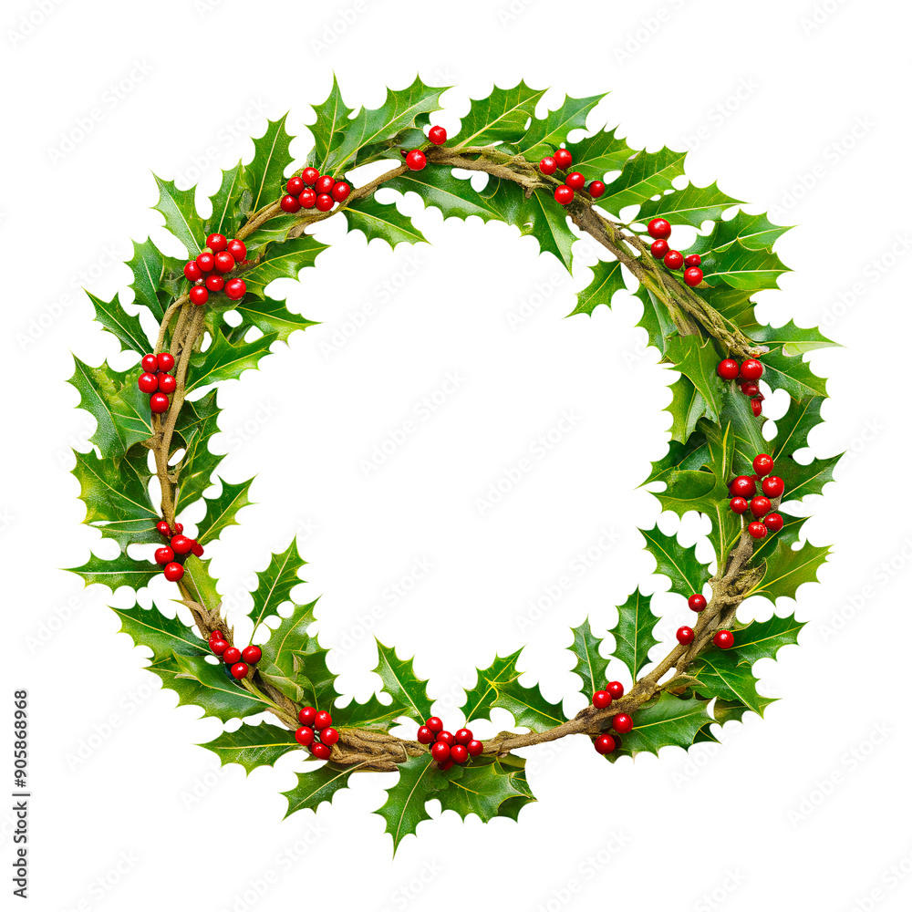 A wreath of holly berries and leaves on a transparent background, the ...