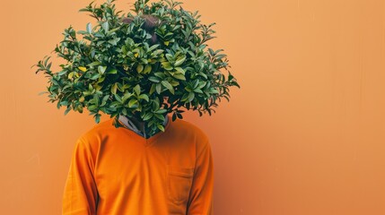 Sticker - Person With Head Covered In Lush Green Foliage Against Orange Wall.