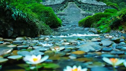 Aufkleber - A calm stream flows gently over smooth stones, surrounded by vibrant white water lilies, creating a peaceful and serene atmosphere.