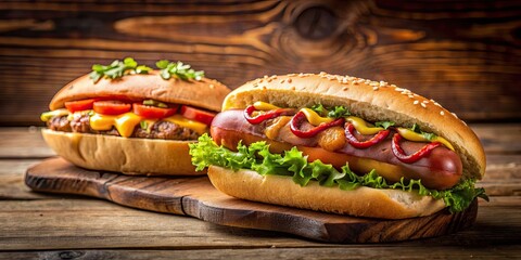 Poster - Delicious hot dog and burger on a wooden table, food, fast food, tasty, grilled, delicious, lunch, meal, snack