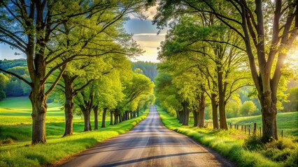 Sticker - Country road surrounded by green trees and beautiful landscape, country, road, trees, nature, landscape, peaceful, rural