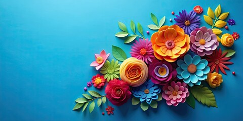 Sticker - Vibrant paper flowers on blue background, colorful, vibrant, paper, flowers, arrangement, flatlay, backdrop, decoration