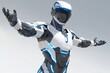 © Leo - Humanoid robot in a dynamic pose with arms spread wide symbolizing power freedom and the advanced engineering of modern robotics in a futuristic setting.
