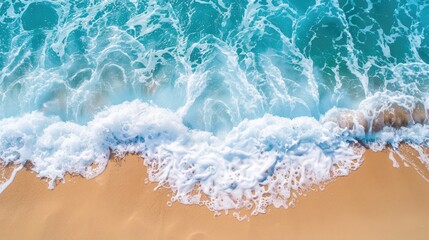 Poster - Sea wave on sandy beach with foam open space for text aerial view