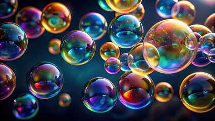 Wall Mural - Colorful soap bubbles floating against a dark background, soap bubbles, colorful, vibrant, floating, bubbles, iridescent, fun