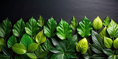 Poster - Green leaves in various shades contrasted against a black background, foliage, greenery, dark, contrast, nature, plant, lush