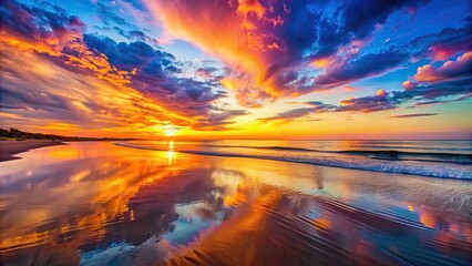 Poster - Sunset over the calm beach with vibrant colors reflecting on the water , sunset, beach, ocean, dusk, sky, clouds, horizon