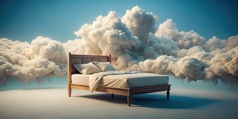 Canvas Print - A bed floating in fluffy vanilla dream clouds , dreamy, serene, peaceful, surreal, fantasy, heavenly, cozy, sleep, restful