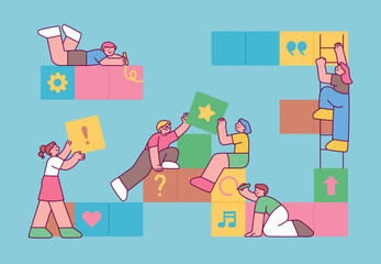 Poster - people are working together to stack blocks or draw pictures. outline simple vector illustration.