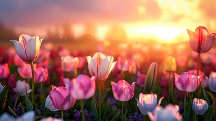 Poster - Tulips blooming in a field at sunset.